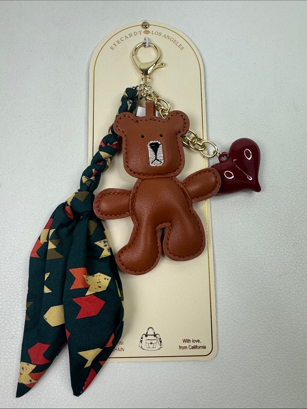 EYECANDY Brown Bear Keychain with Green Scarf Red Heart Charm Gold clip NEW NWT